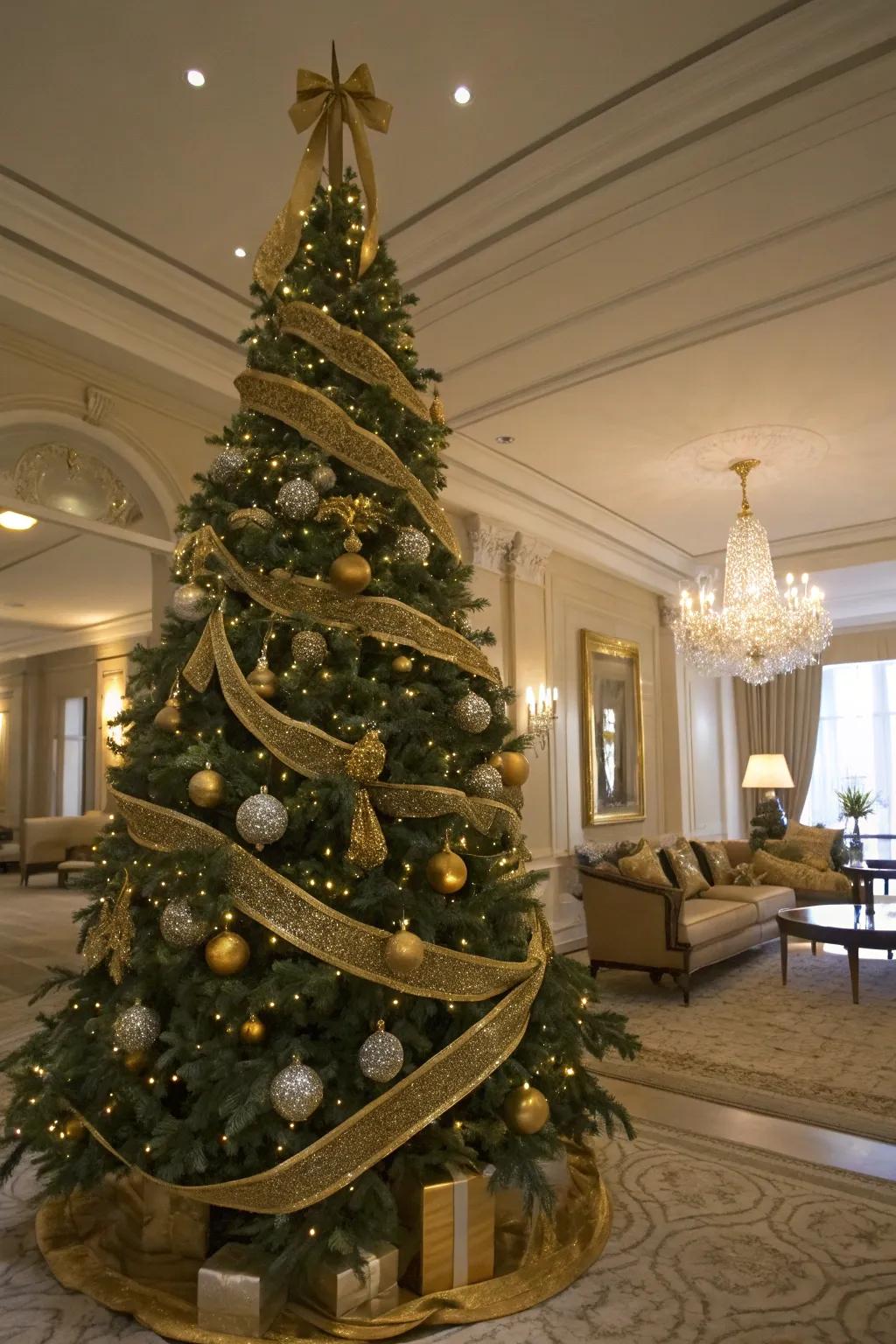 A glamorous Christmas tree with gold ribbon garlands