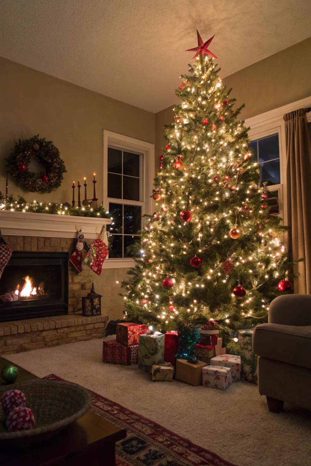 A vibrant display of mixed color lights on a Christmas tree.