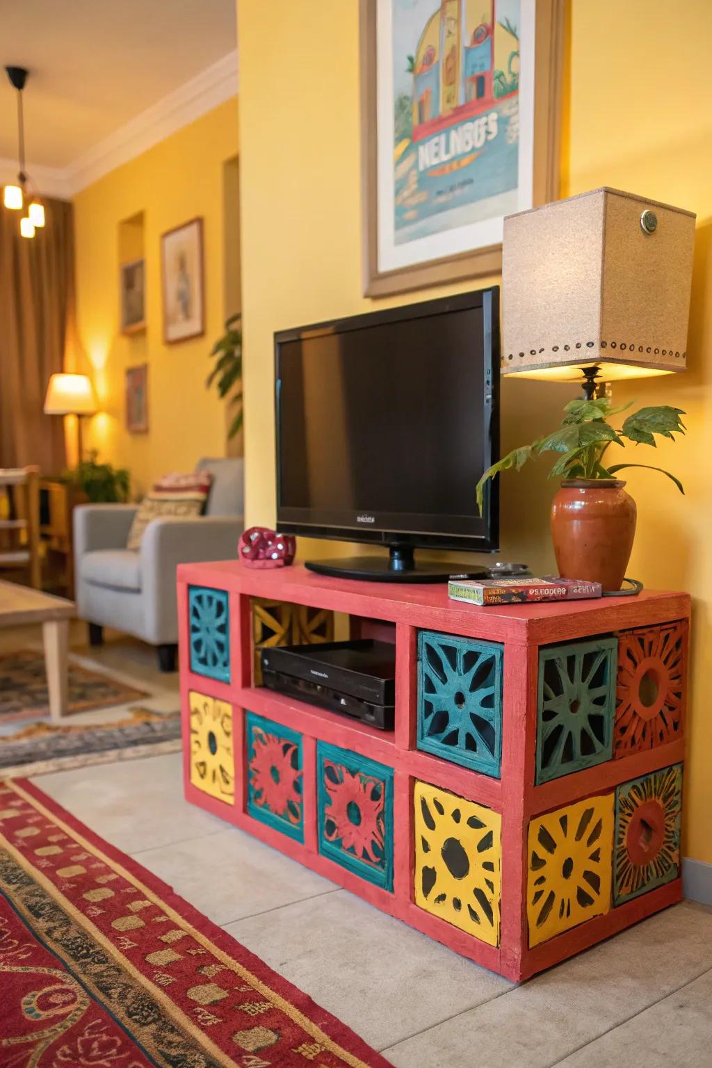 A colorful cinder block TV stand brings a lively energy to this vibrant living room.