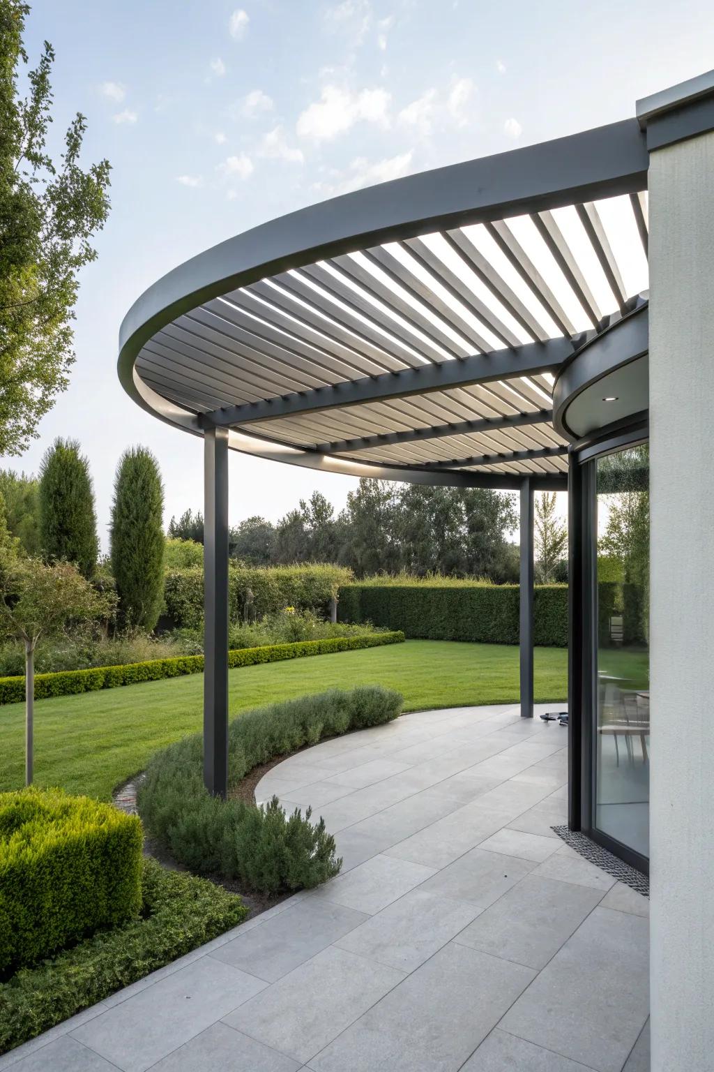 A modern metal pergola adds industrial flair to any outdoor space.