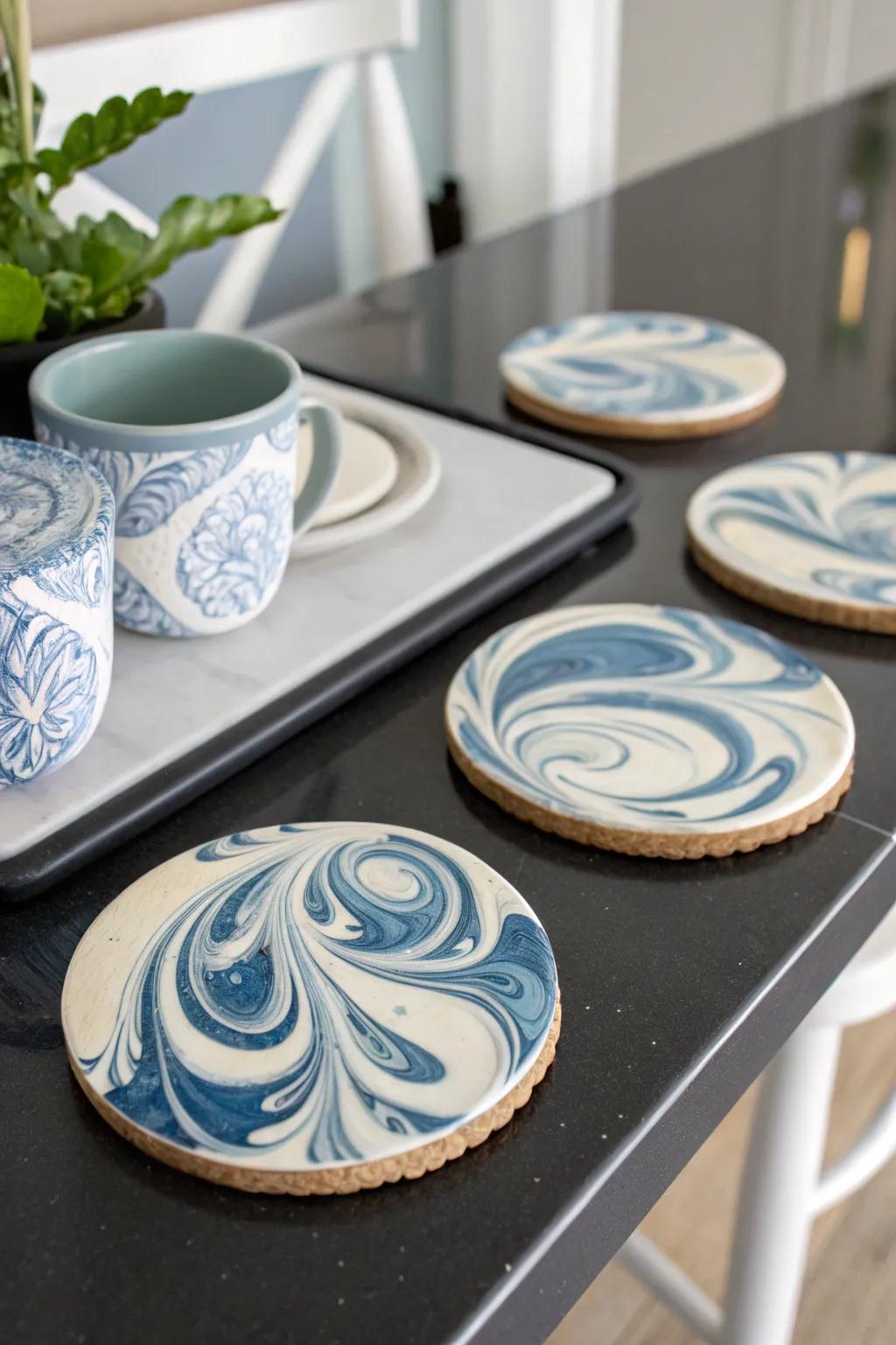 Marbled coasters add a touch of artistic flair to any surface.