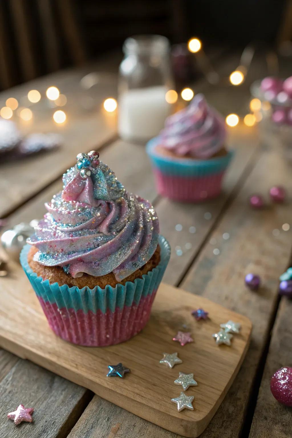 A glittering glam clay cupcake, adding sparkle to any craft project.