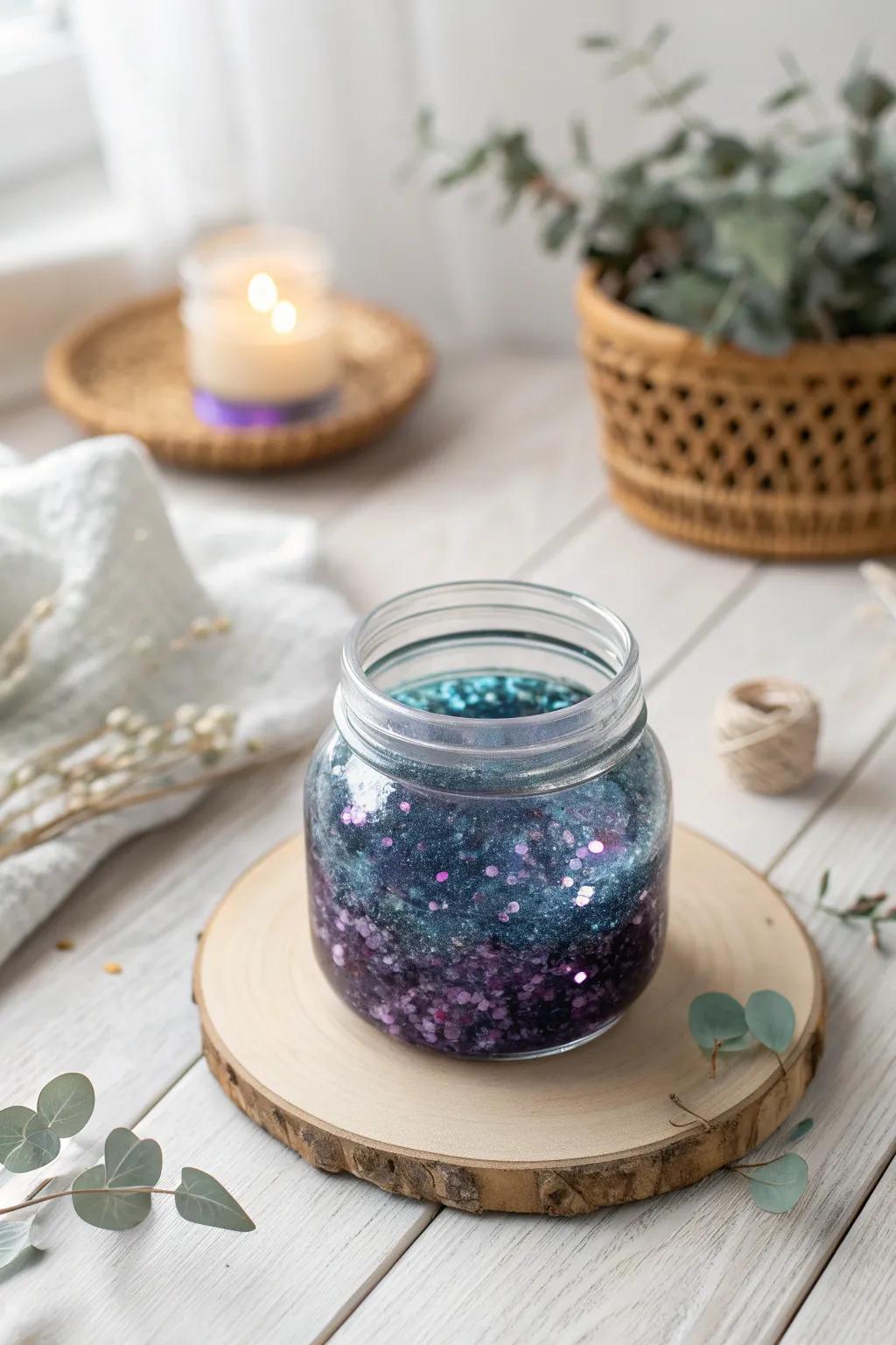 Discover the magic of a celestial galaxy with shimmering glitters in your own clear slime.