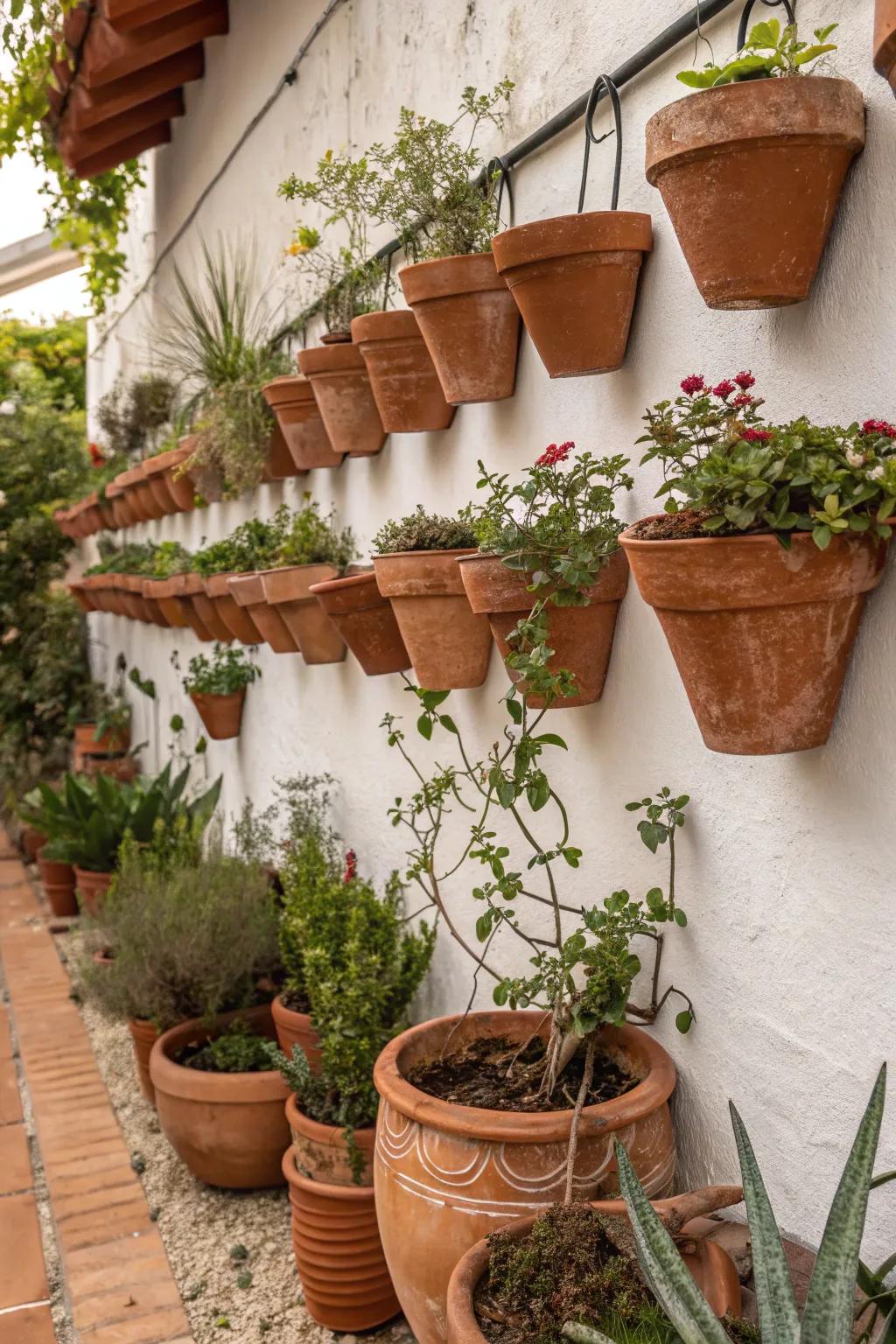 Terracotta pots add a rustic charm to any wall.