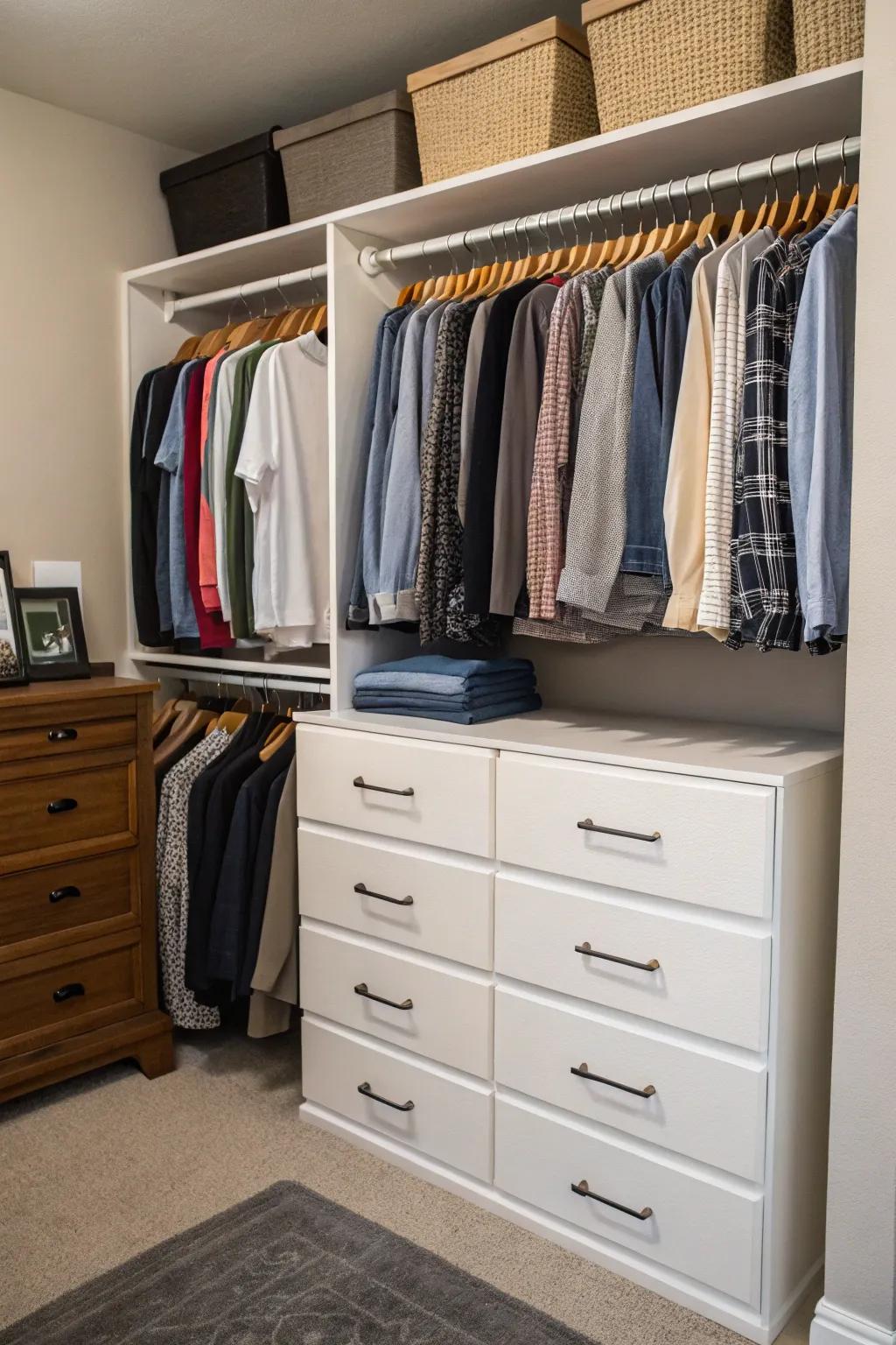 A low dresser in a closet, offering easy access and efficient space use.