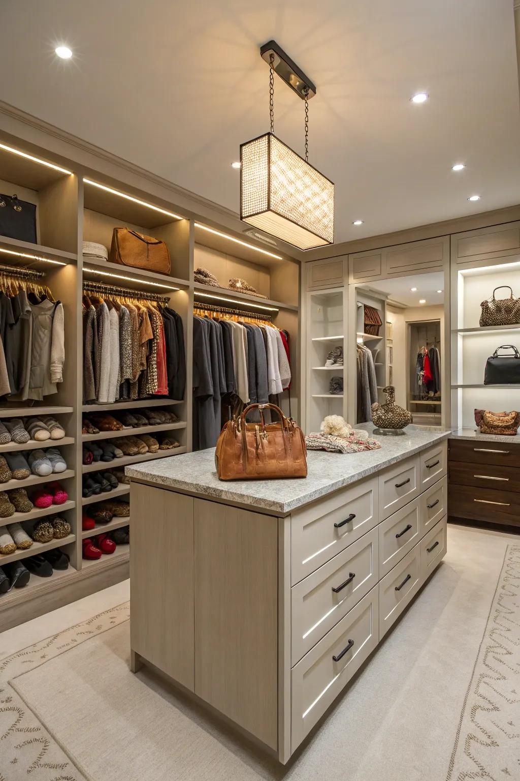 A walk-in closet featuring a central island and neatly organized accessories.