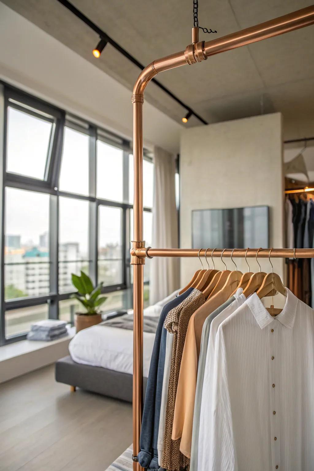 A floating copper pipe clothes hanger in a modern bedroom.