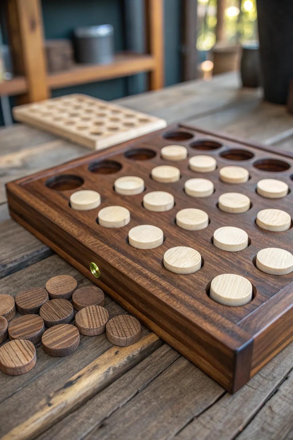 Craftsmanship at its finest: A personalized wooden Connect Four game, a timeless addition to any gathering.