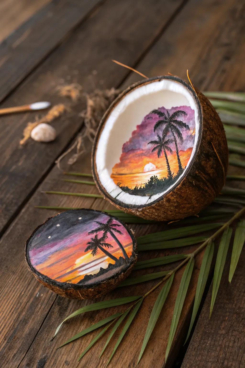 Unleash your creativity with sunset hues on a coconut canvas—where simplicity meets natural beauty.