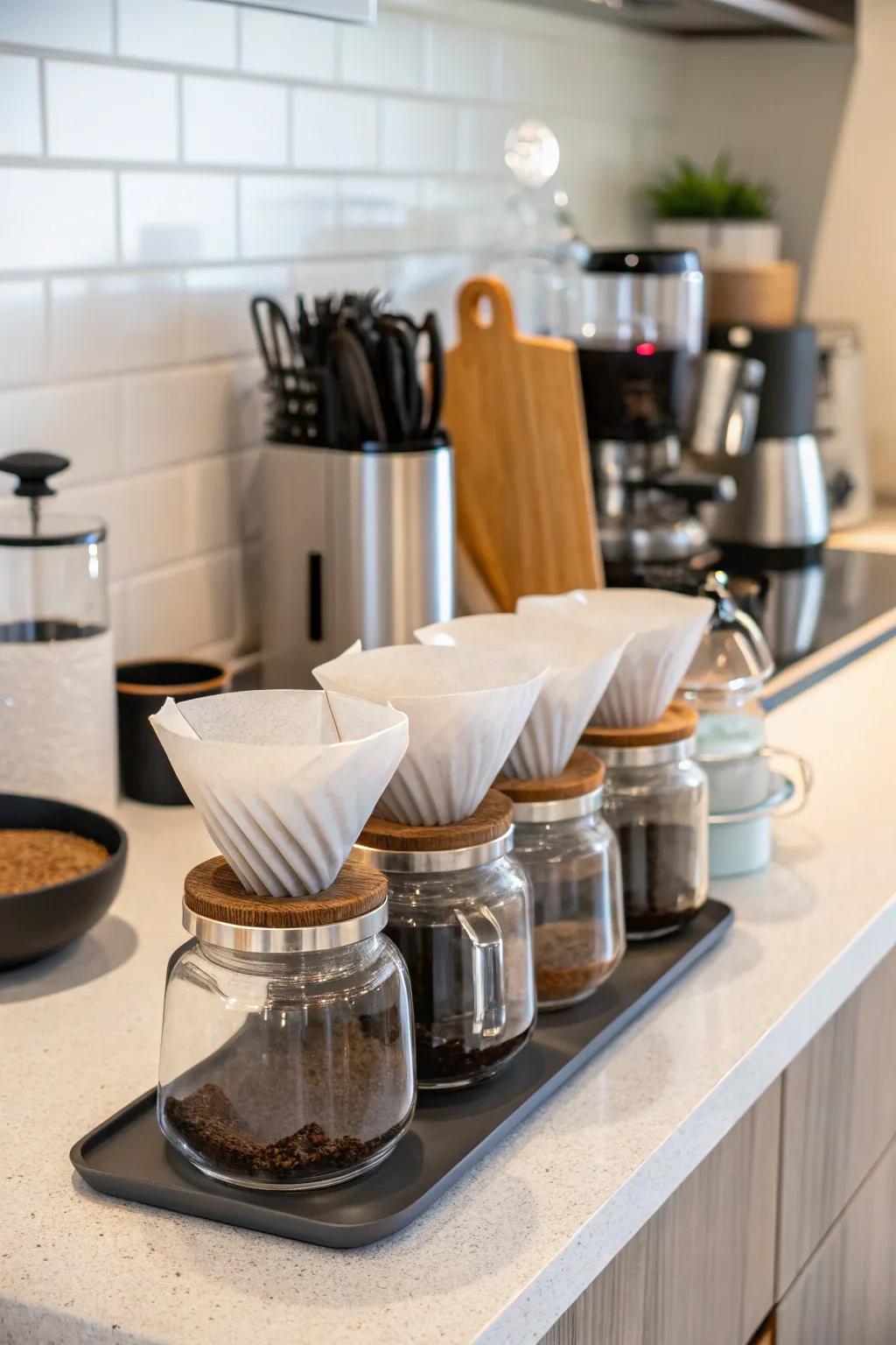 Glass jars provide a clean and elegant way to store coffee filters.