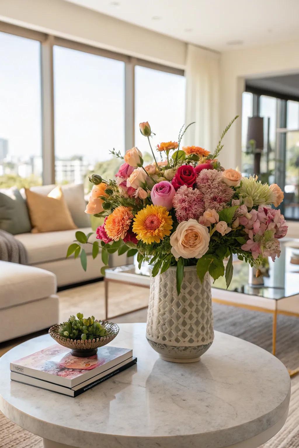 A vibrant floral centerpiece bringing color to the coffee table.