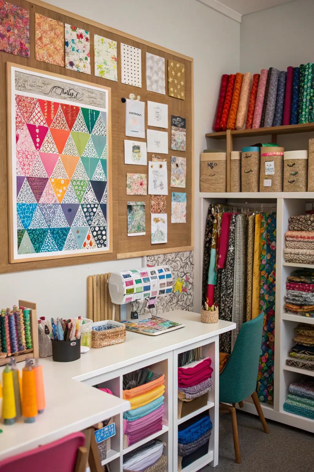 Fabric swatches add a tactile and colorful element to your craft room.