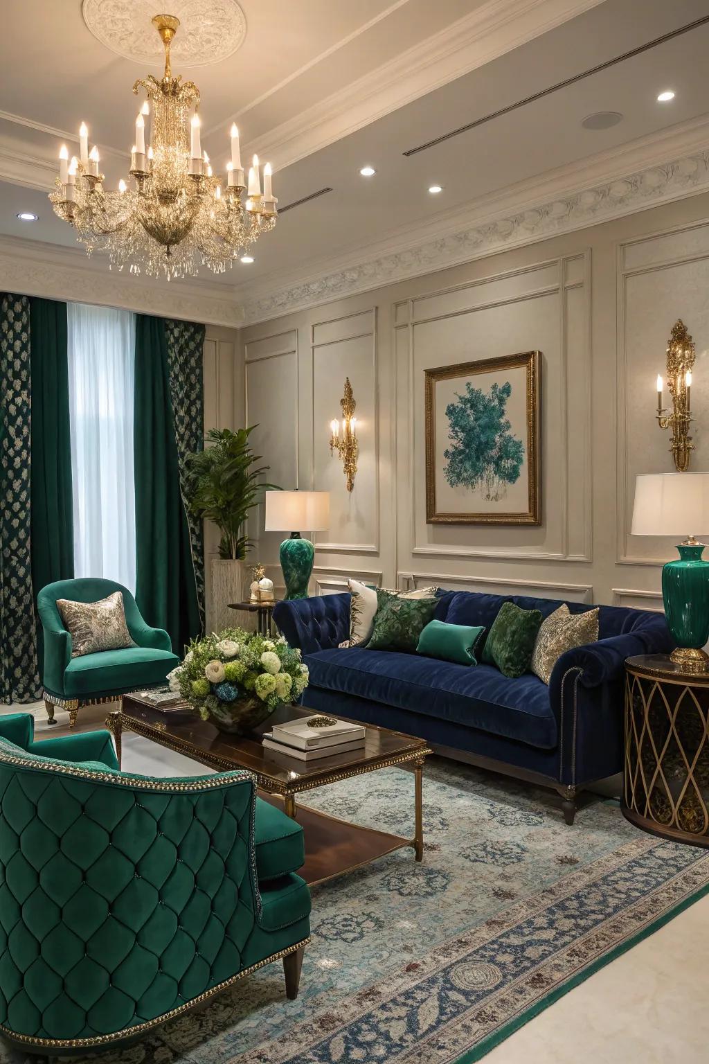 A bold and luxurious living room featuring jewel tones.