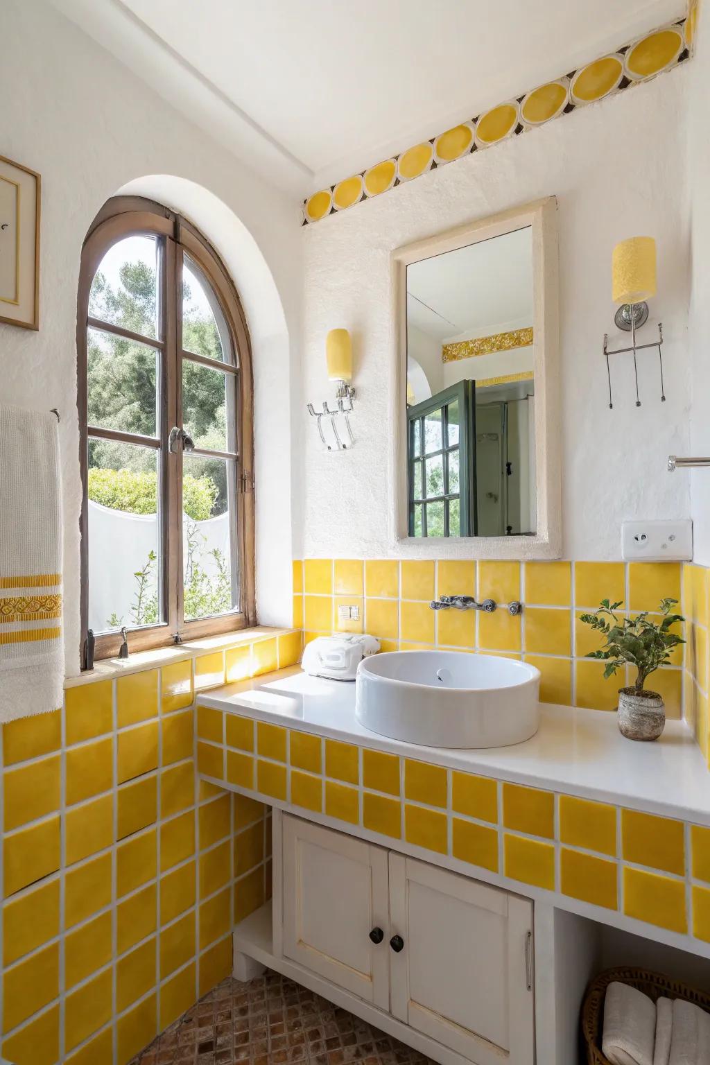 Sunny yellow accents in a bathroom can add a cheerful touch of energy.