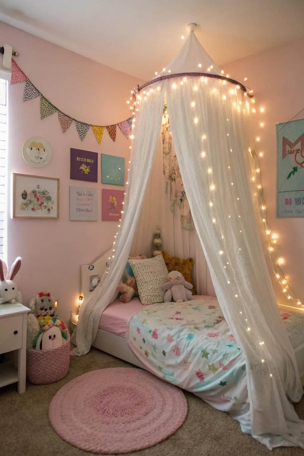 A magical canopy bed adorned with fairy lights adds whimsy to a girls' room.