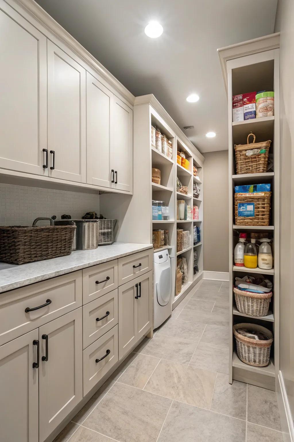 Efficient storage with adjustable shelves and cabinets in a combo room.