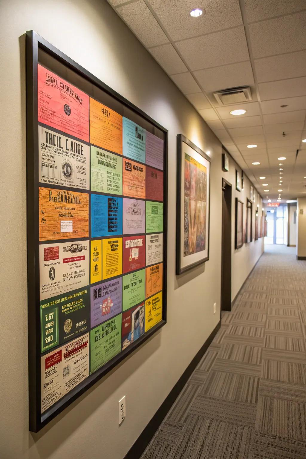 A colorful collage of concert tickets in a frame.