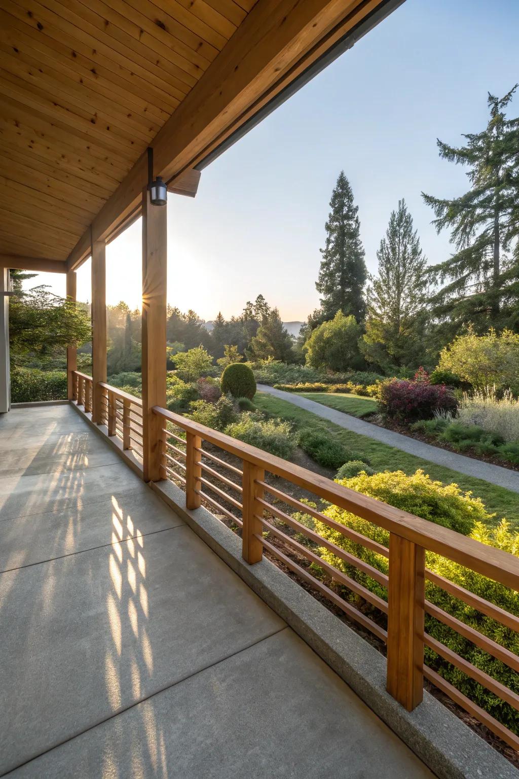 Wooden railings add warmth and natural beauty to concrete patios.