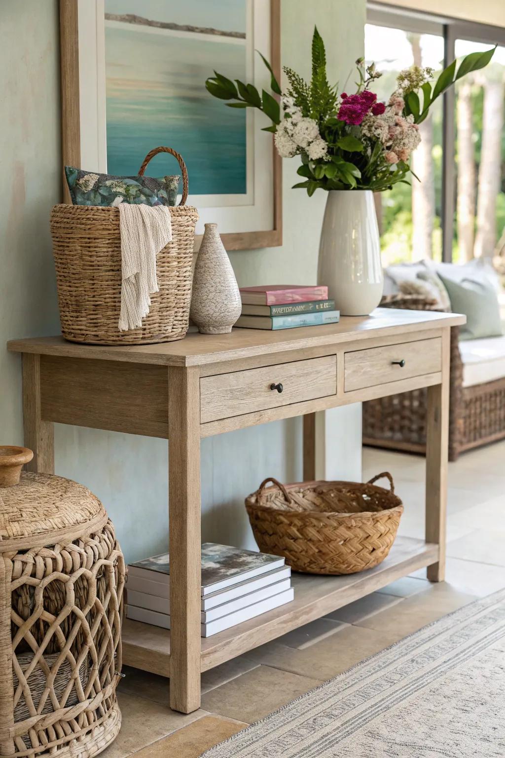 A console table styled with neutral tones and natural materials.