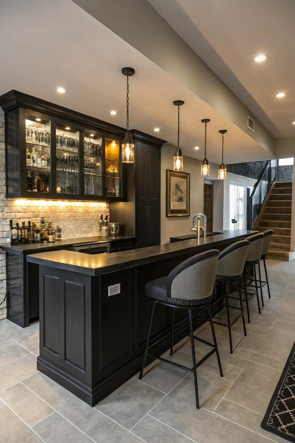 A sleek home bar with black finishes for a modern look.