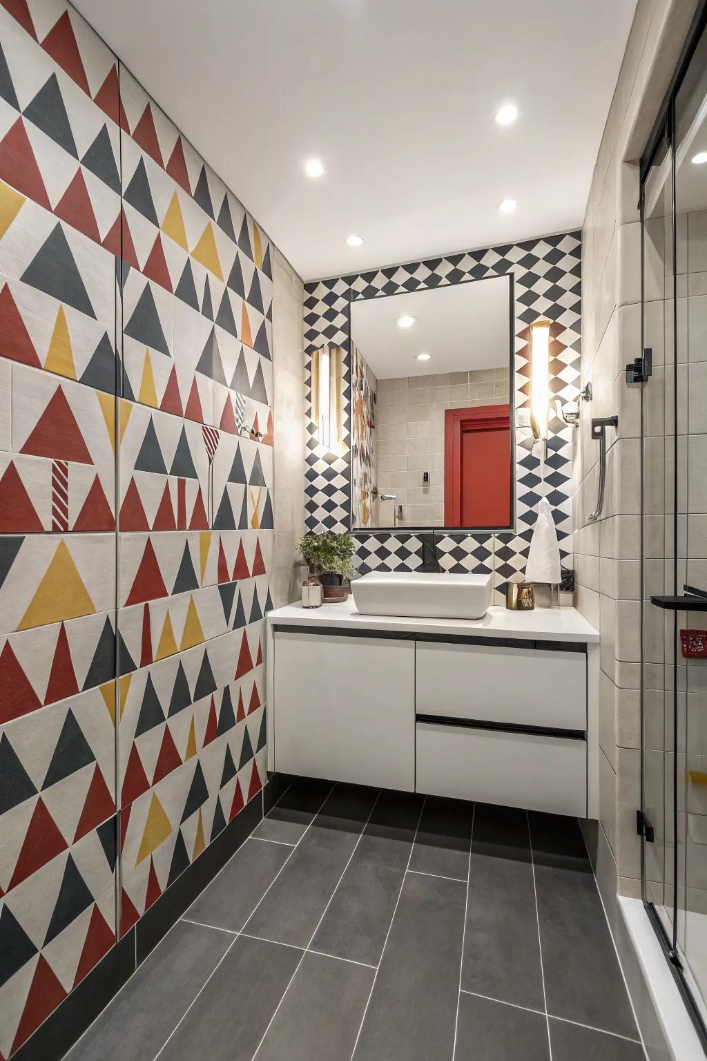 A bathroom showcasing bold geometric tile patterns.