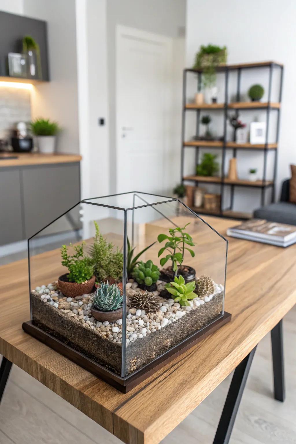 A DIY terrarium kit with small plants and decorative stones on a stylish wooden table.