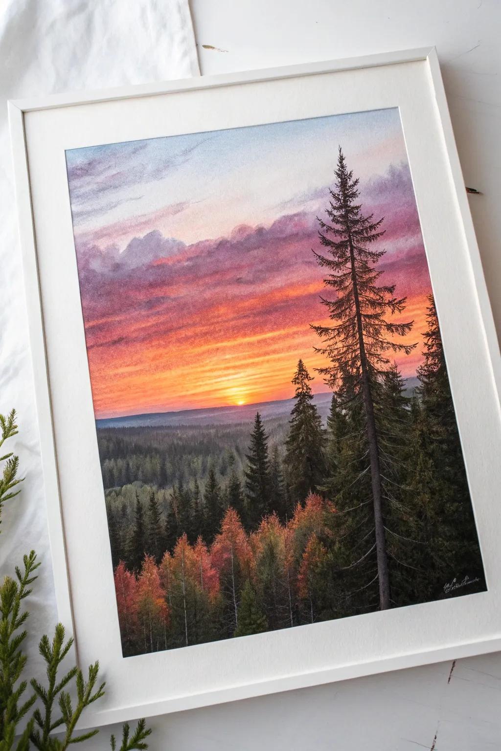 Transform your space into a serene retreat with the warm hues of a sunset over a forest, captured in stunning oil pastels.