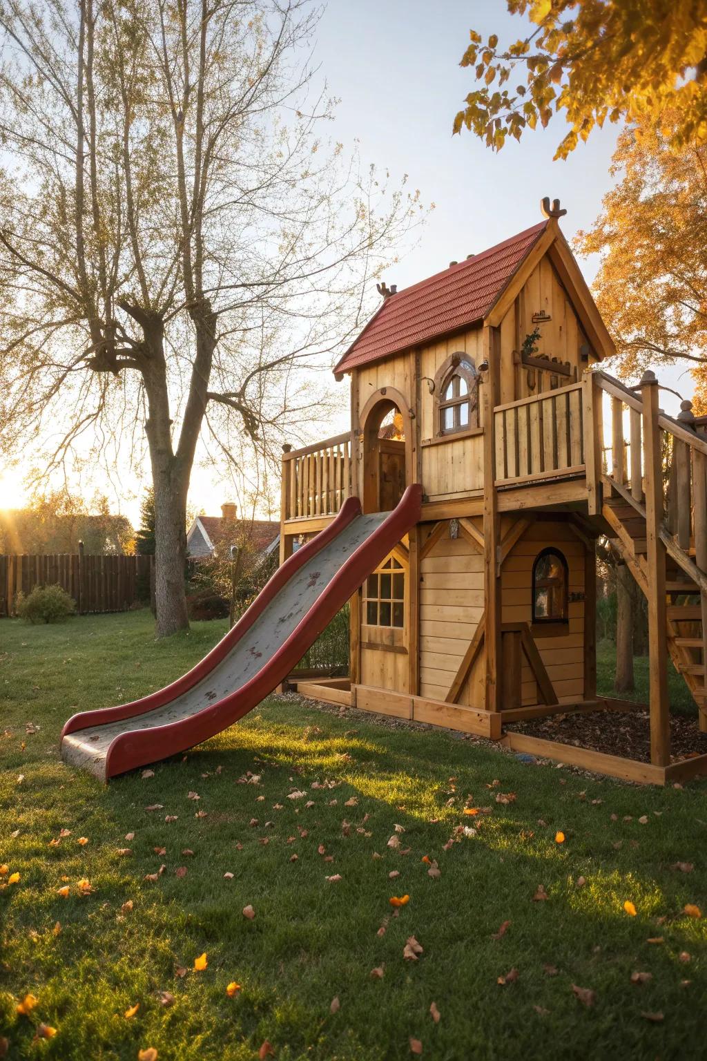 Slide into fun with this masterfully crafted playhouse centerpiece, where craftsmanship meets childhood joy.