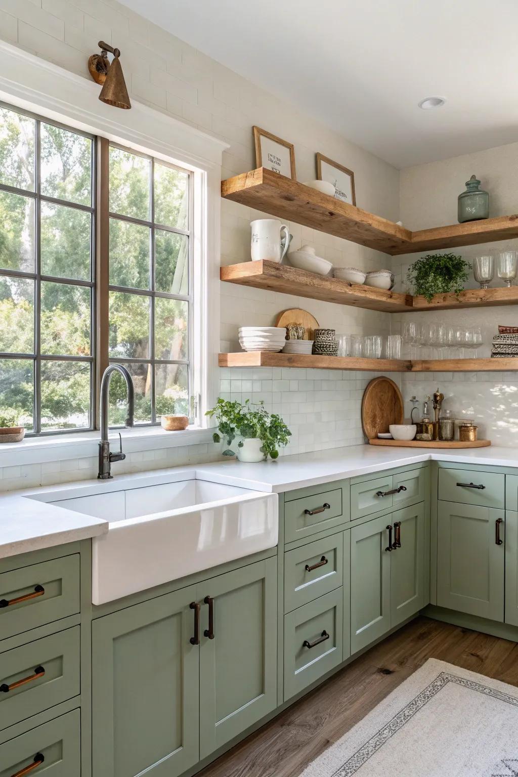 A kitchen featuring the classic combination of sage green and white.