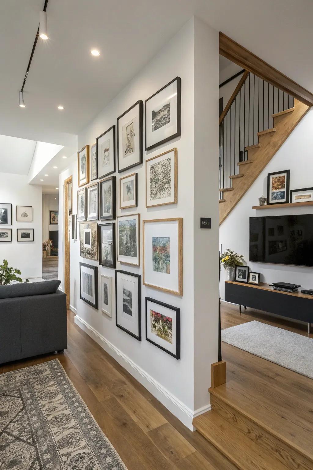 Extend your gallery wall into corners for a seamless, artistic display.