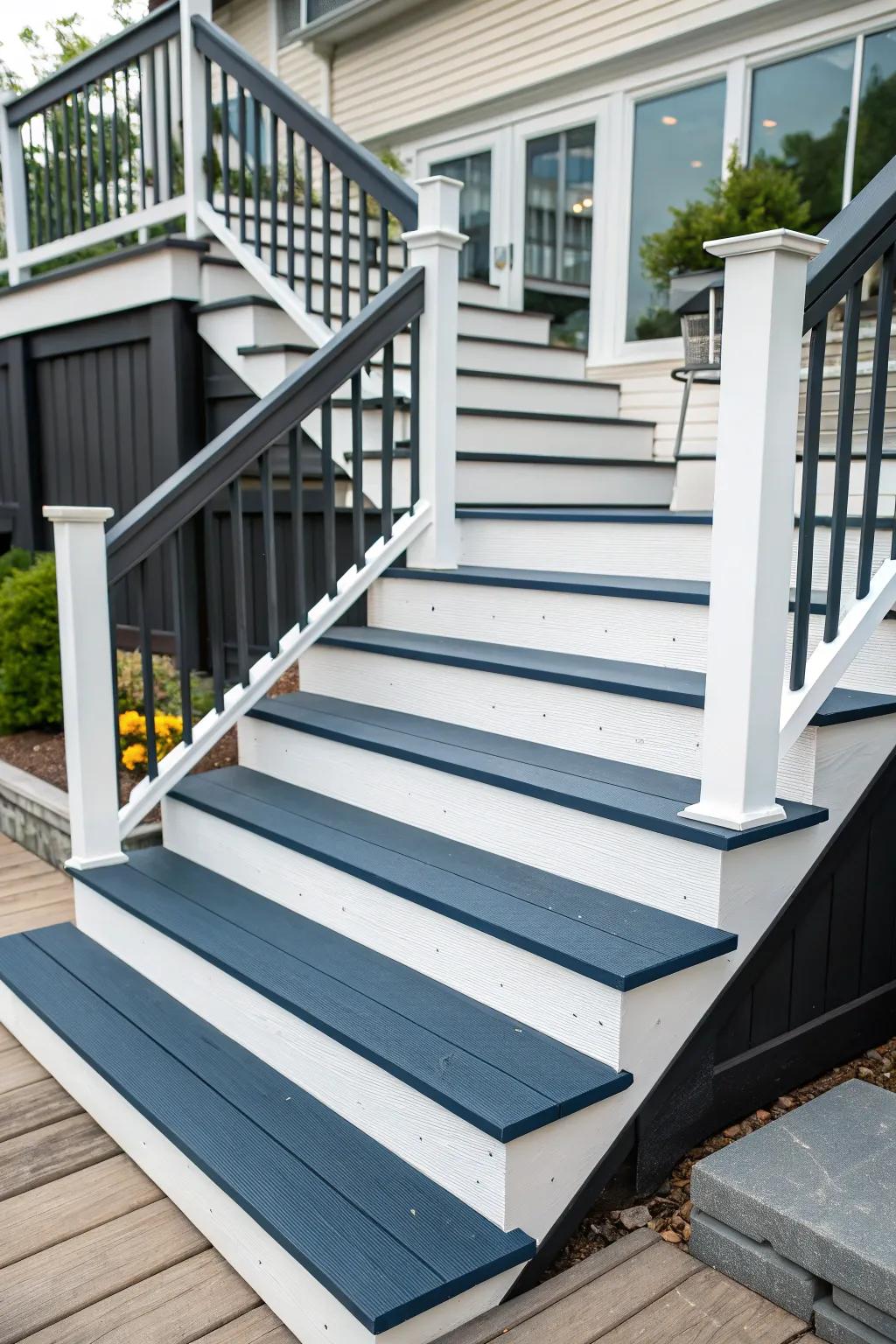 Two-toned stairs offer a bold and stylish look.