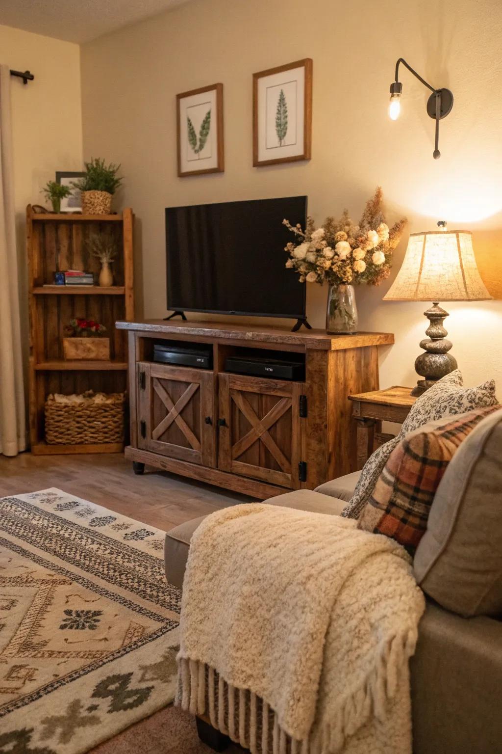 A rustic wooden TV stand adds warmth and charm to the living room.