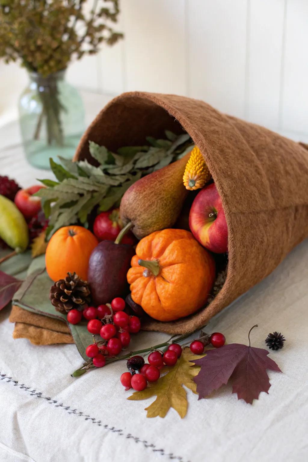 Embrace the cozy elegance of autumn with this charming felt fabric cornucopia, perfect for a touch of handcrafted beauty on your table.
