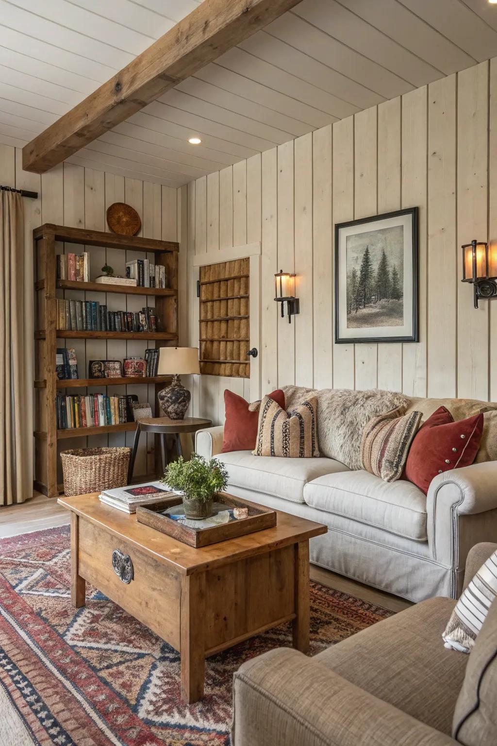 Vertical shiplap adds texture and a modern twist to the country style.