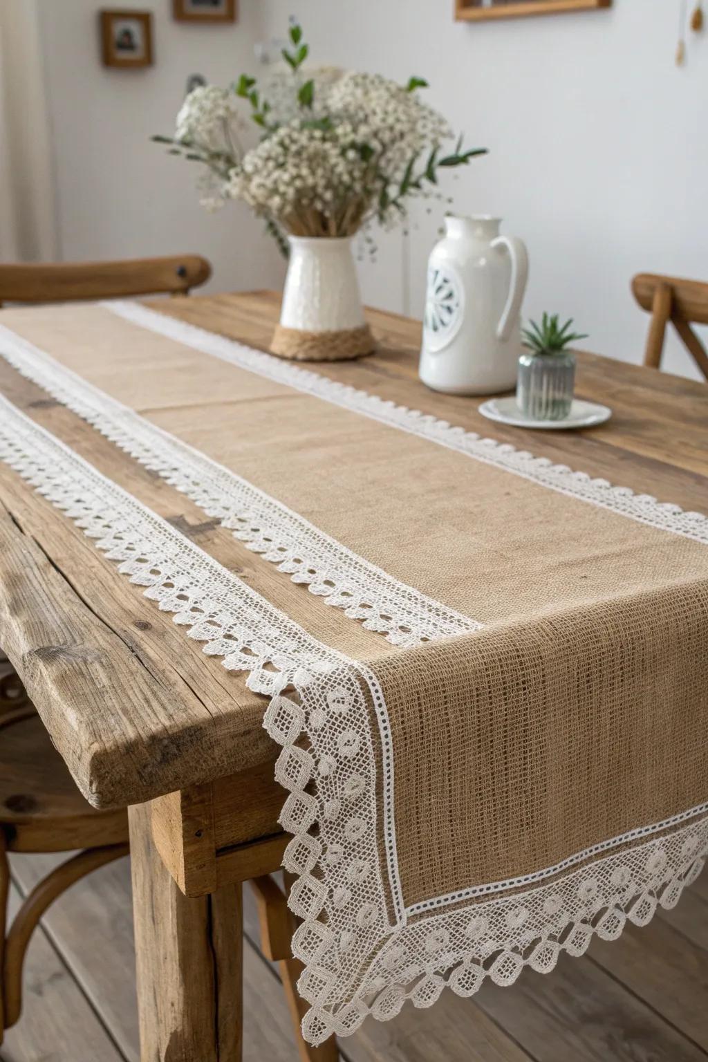 Elevate your dining experience with the rustic charm of a lace-accented burlap runner.
