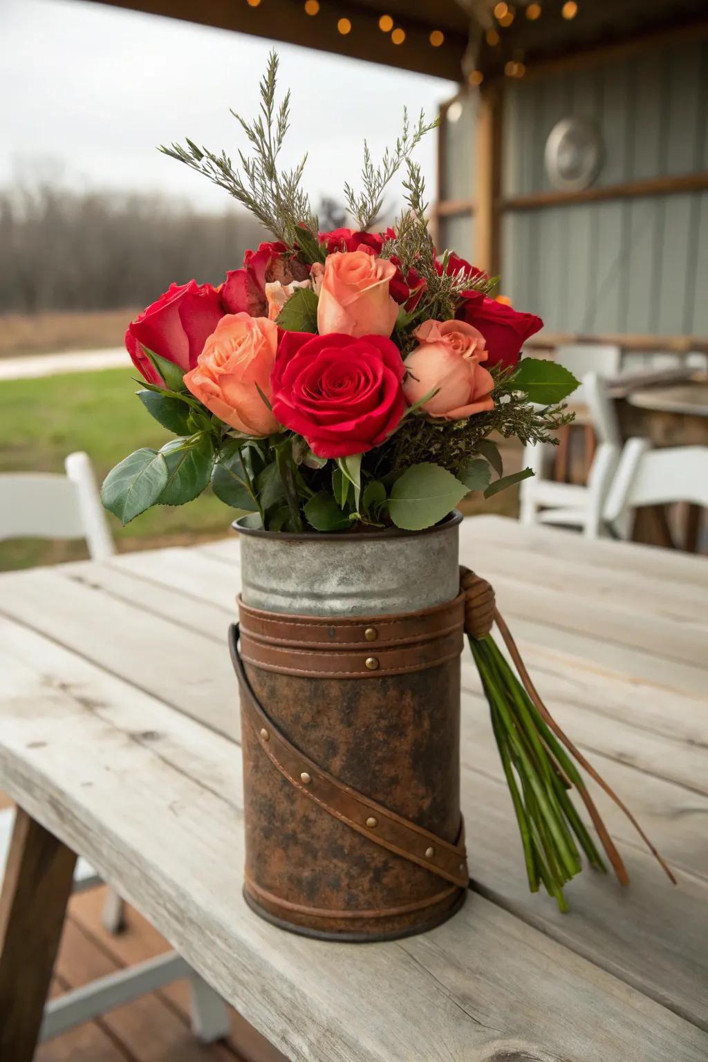 Roses tied with leather add a touch of elegance to cowgirl decor.