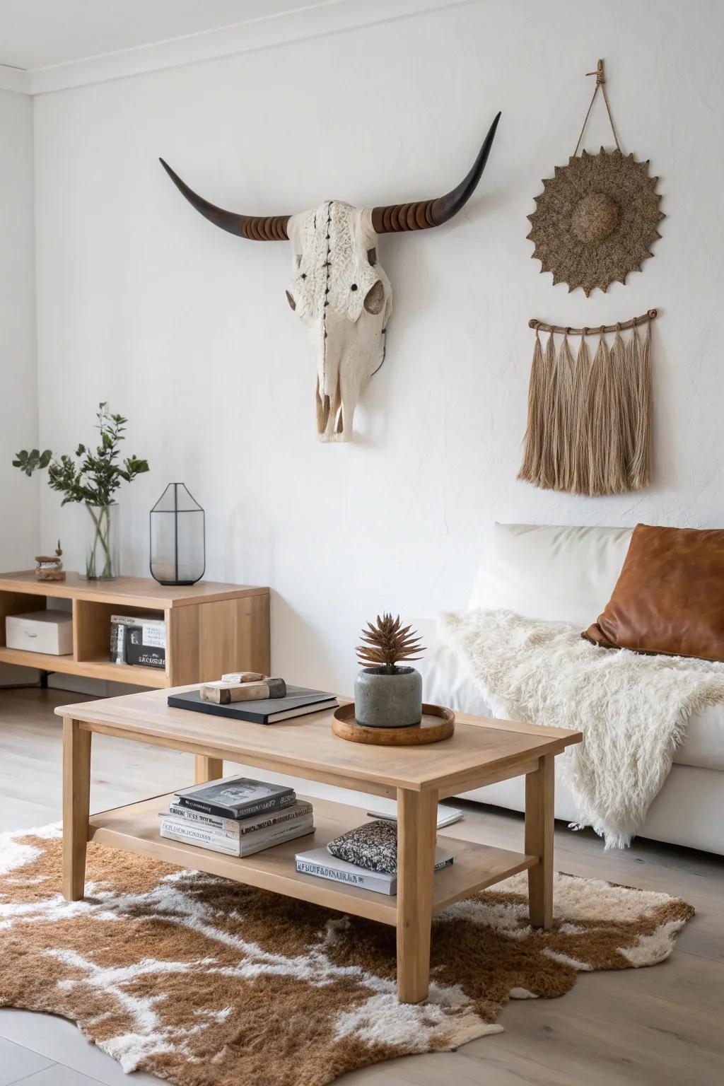 Cowhide wall art adds a bold statement to minimalist spaces.