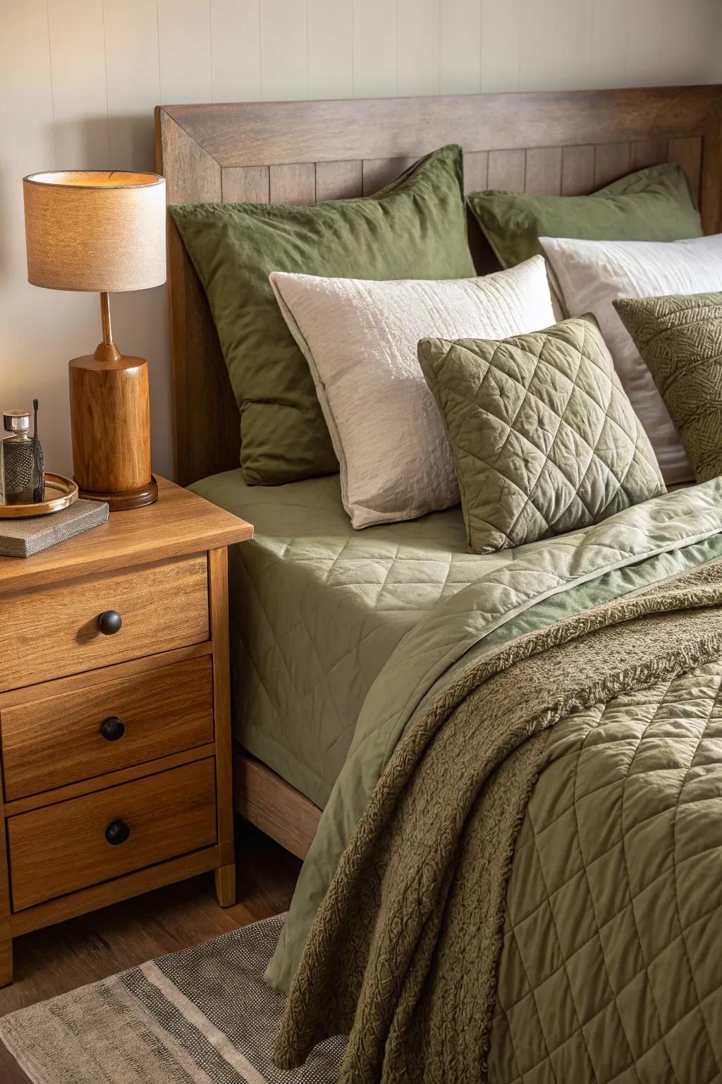 Olive green bedding creates an inviting and luxurious feel.