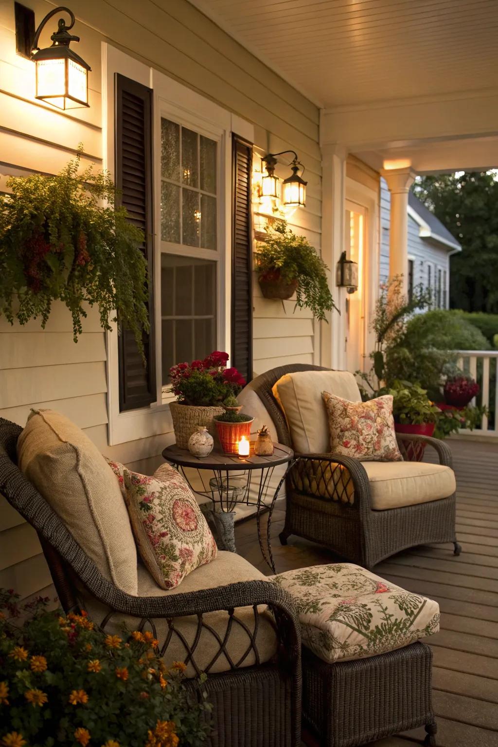 Comfortable seating creates an inviting porch atmosphere.