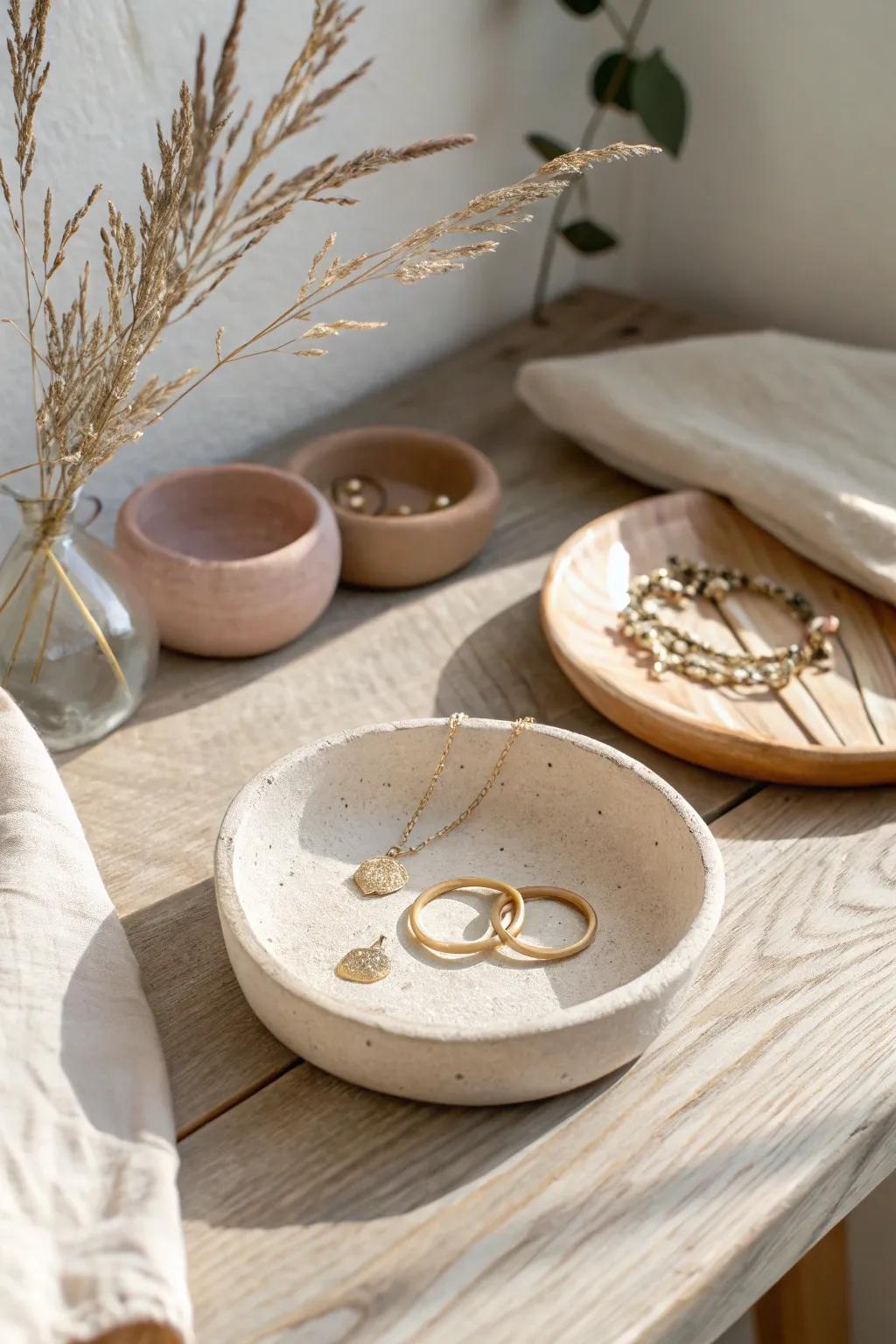 Discover the charm of simplicity with handcrafted clay trinket dishes, perfect for holding your cherished keepsakes in style.