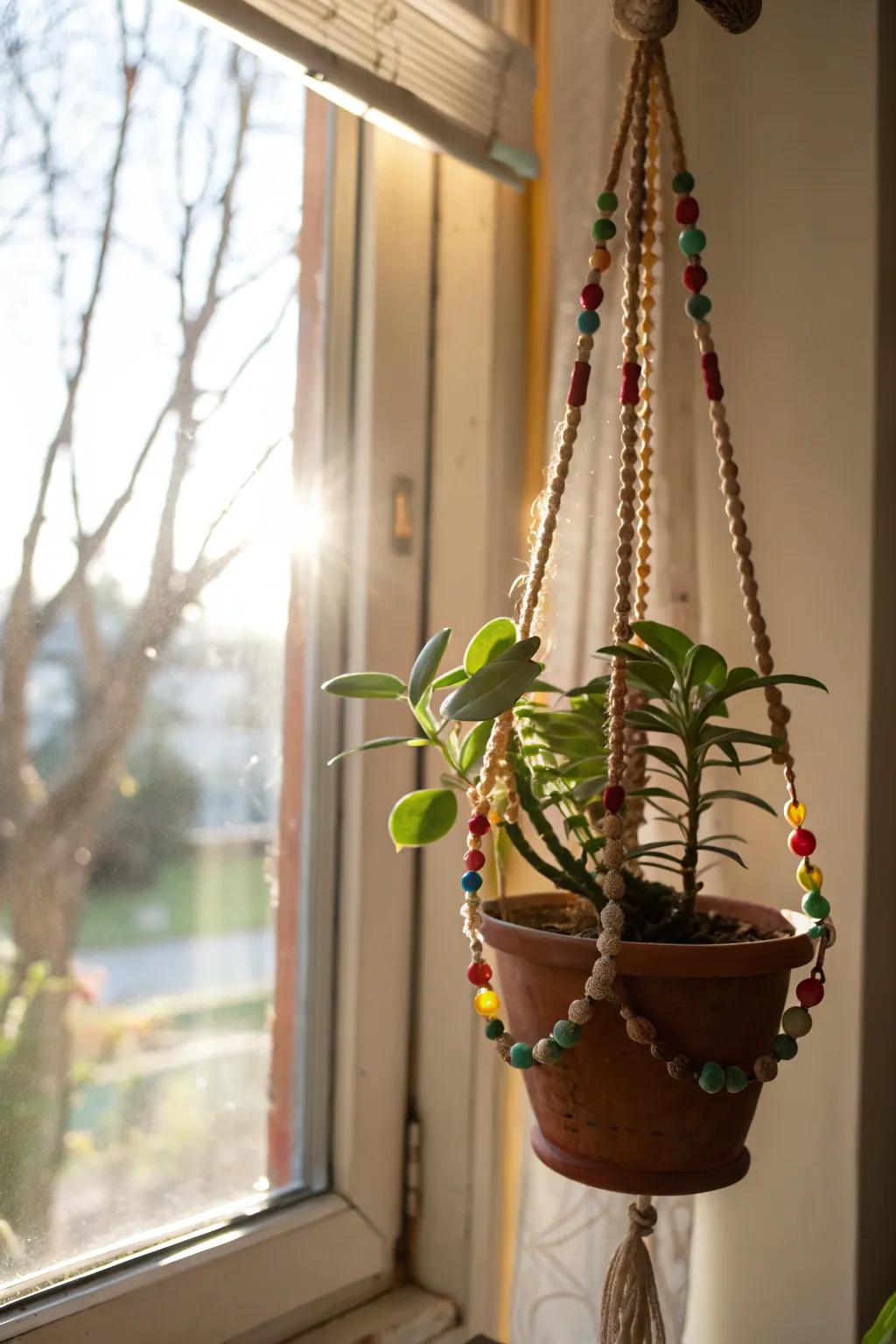 A charming beaded plant hanger, adding a personal touch to mom's plant collection.