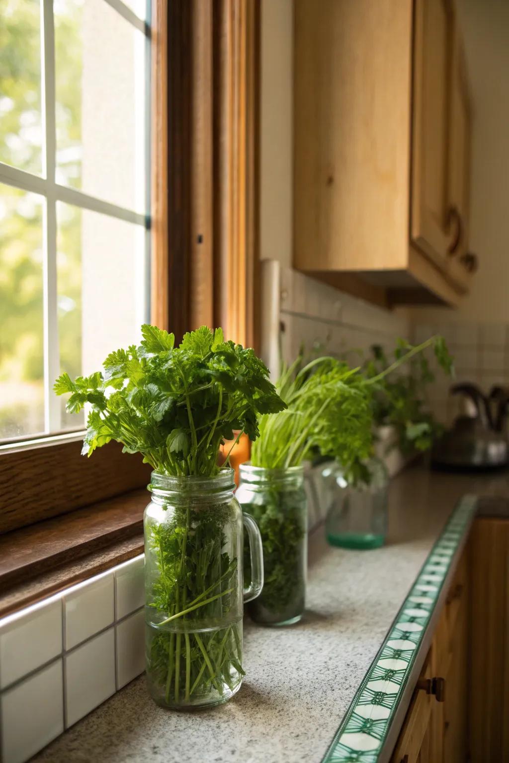 A sunny windowsill adorned with a flourishing mason jar herb garden.