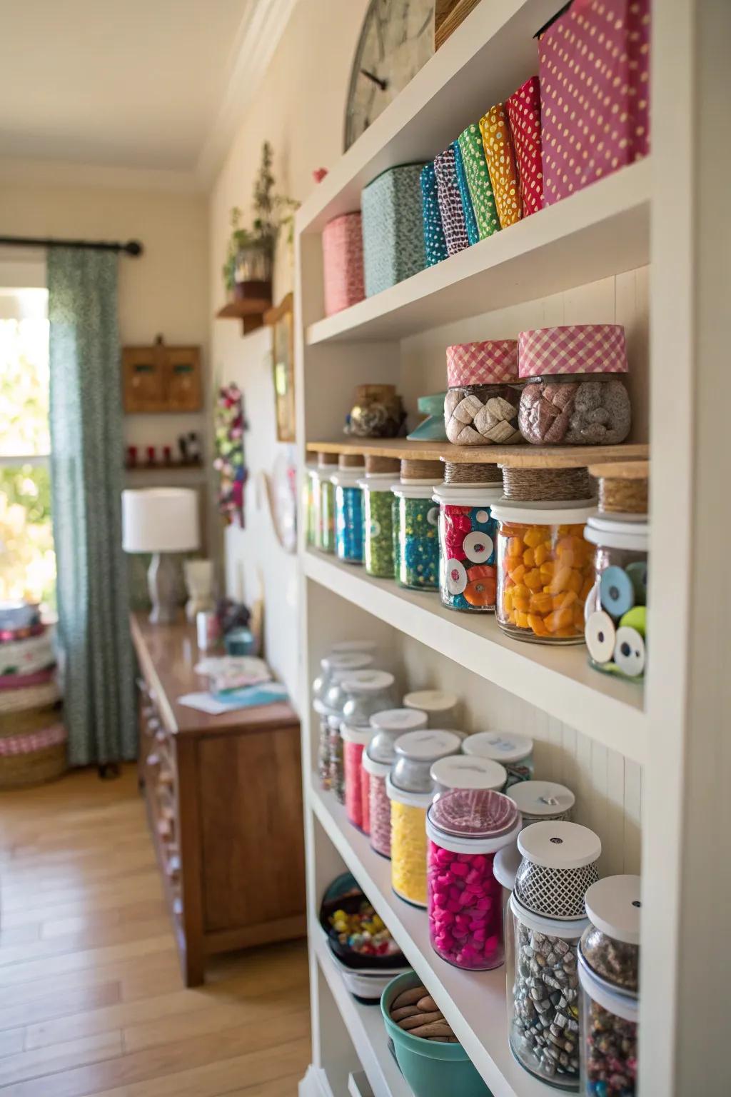 Utilize wall space with shelves for extra storage.