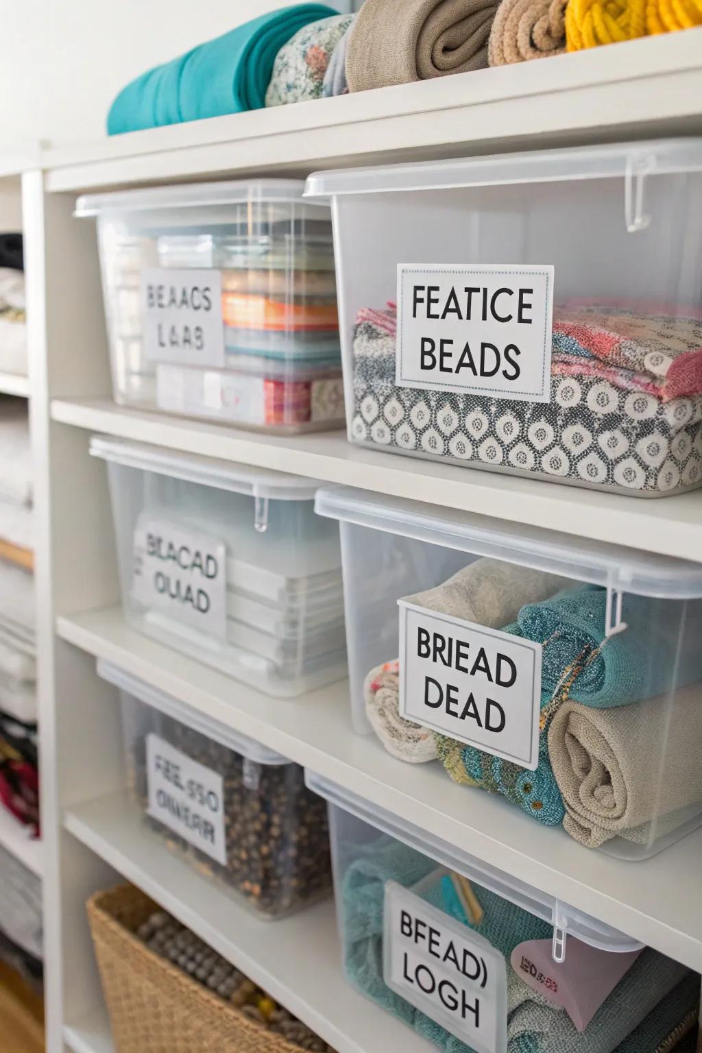 Labeled bins make it easy to find your crafting supplies.