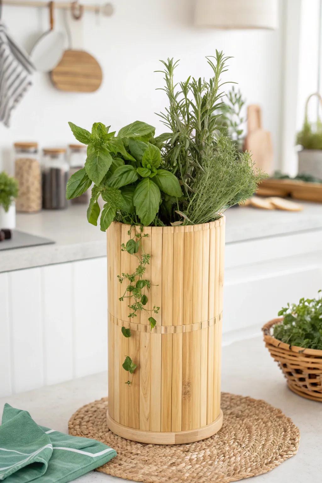 Elevate your kitchen space with a touch of greenery and craftsmanship. 🌿 #BambooPlanters #ScandinavianBoho