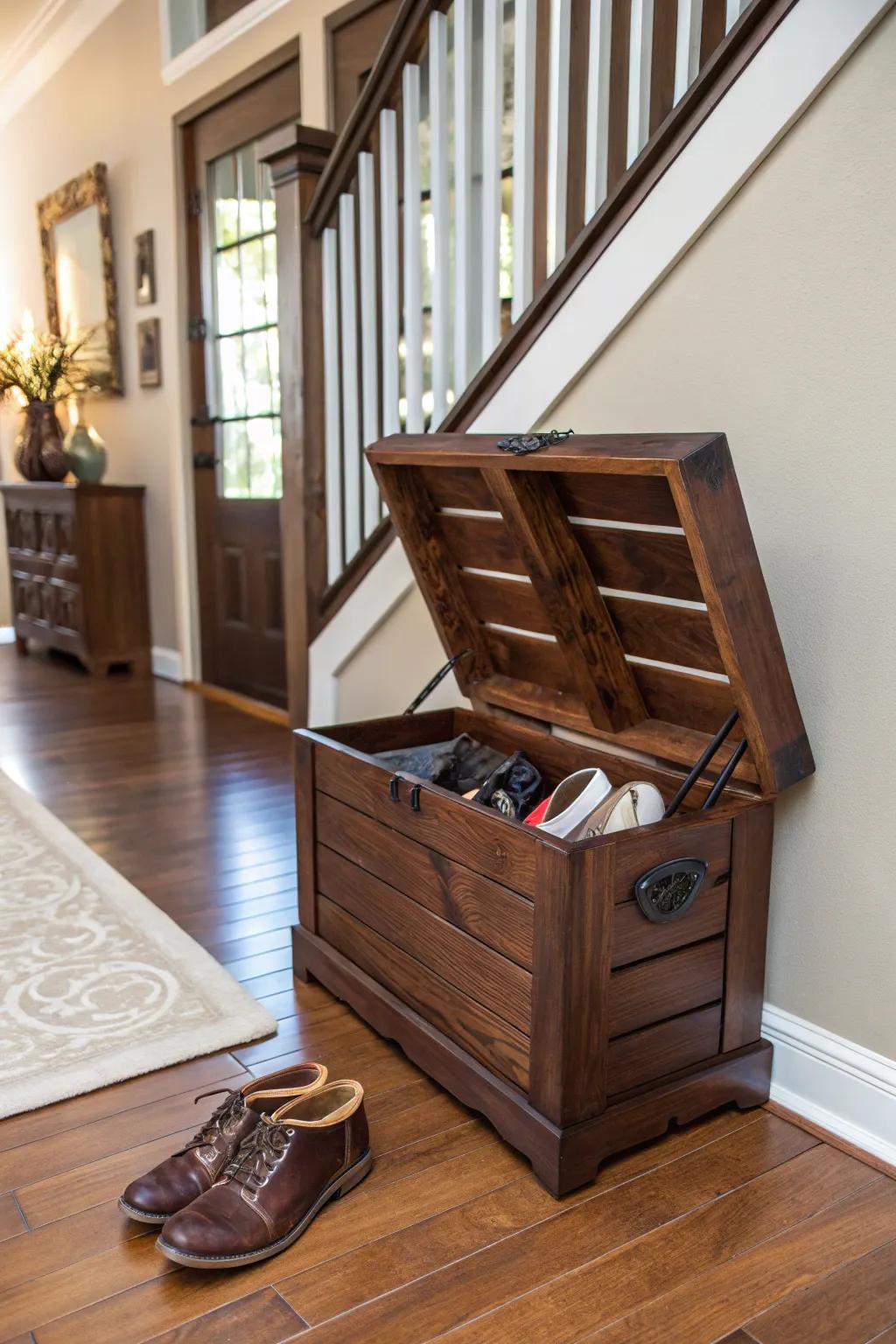 Elevate your entryway with handcrafted elegance: the perfect shoe storage solution.