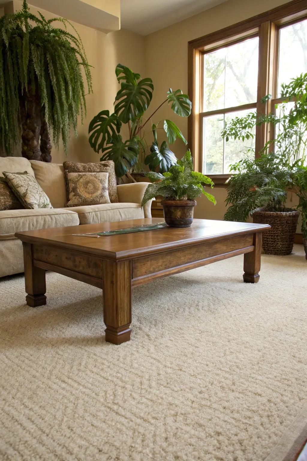 Natural elements complement the warmth of a cream carpet.