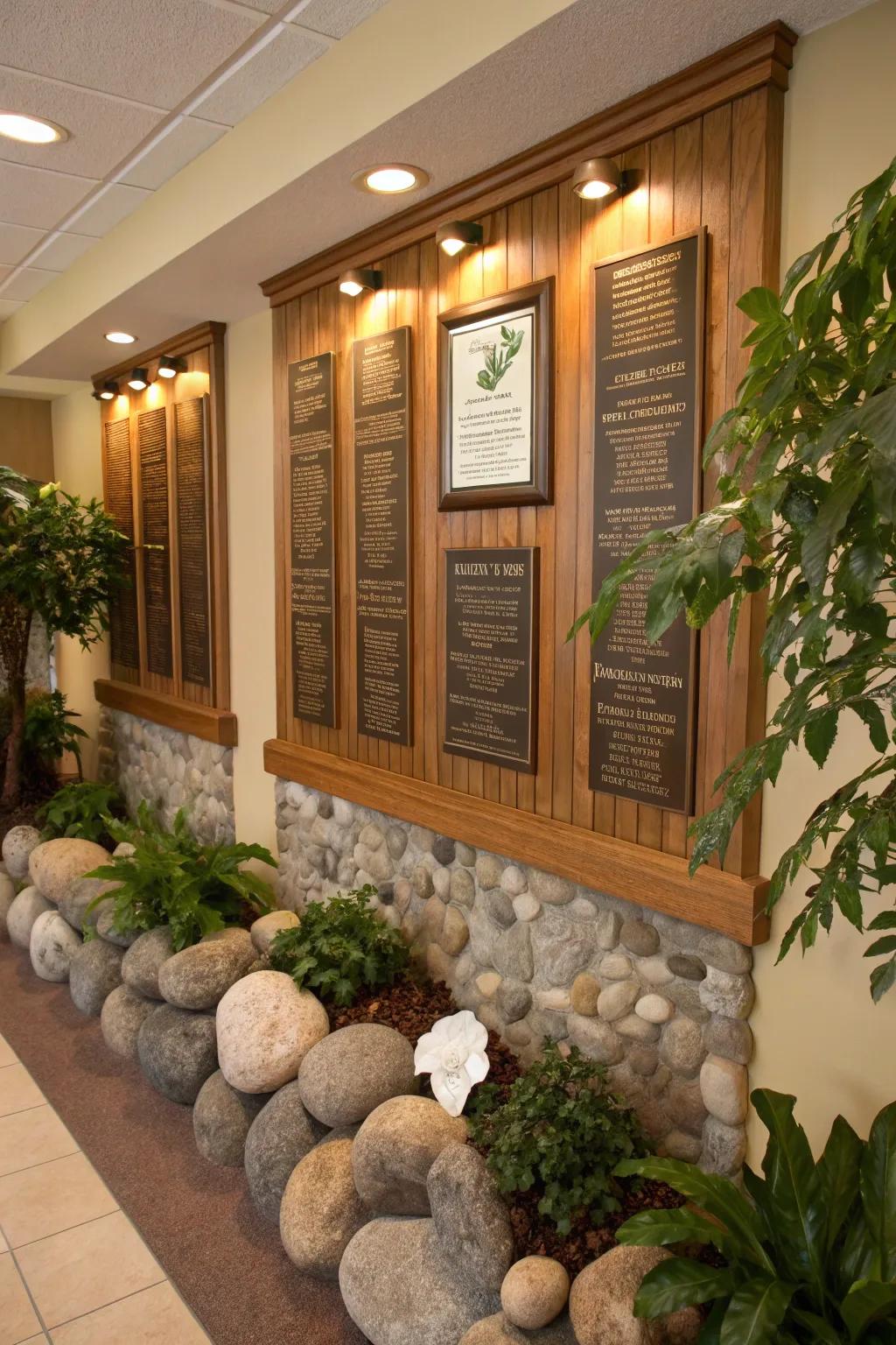 Nature-inspired donor wall with wooden plaques.