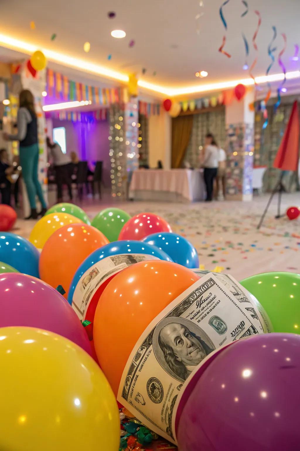 Balloons filled with cash ready to pop for a surprise.