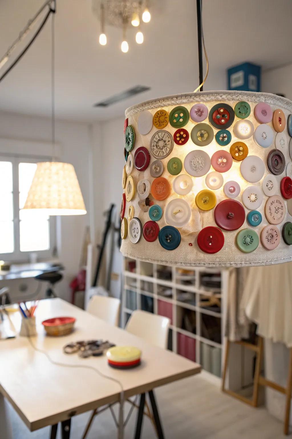 A creative studio lamp shade adorned with colorful buttons.